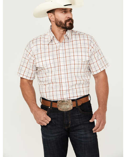 Wrangler Men's Wrinkle Resist Plaid Print Short Sleeve Pearl Snap Western Shirt, Brown, hi-res