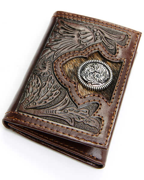 Cody James Men's Hair-On Floral Tooled Trifold Wallet, Brown, hi-res