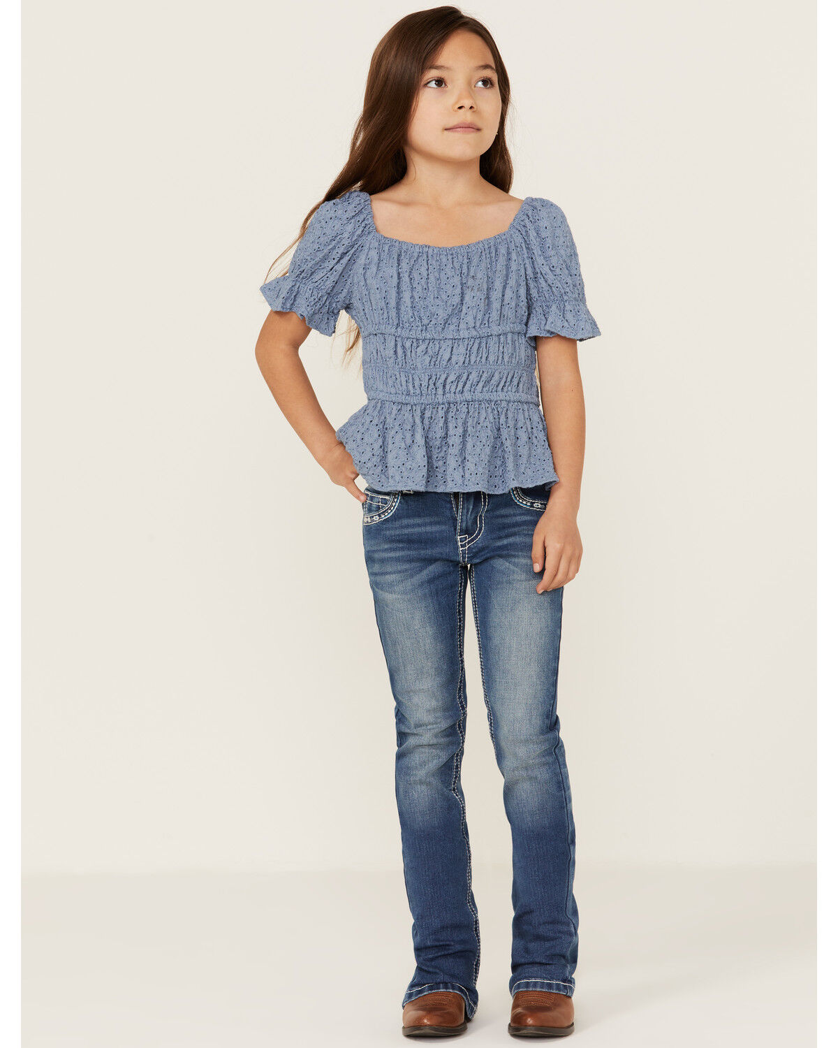 Image #3 - Shyanne Little Girls' Diamond Embroidered Pocket Bootcut Jeans, , hi-res