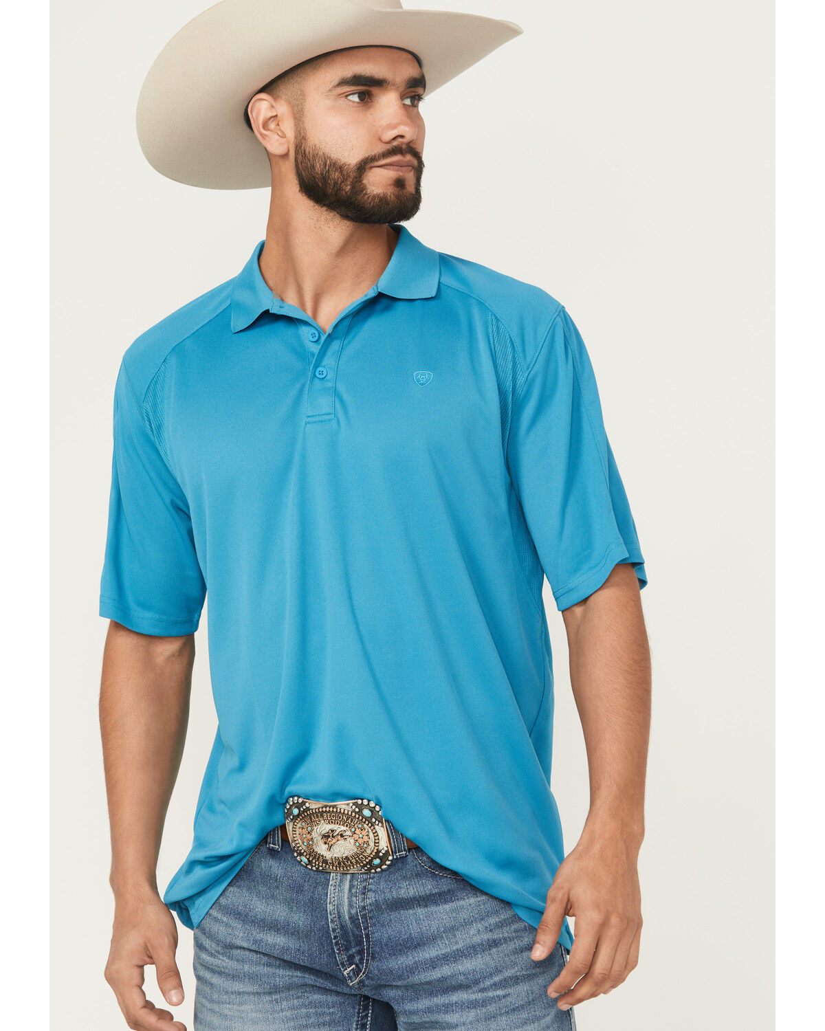 Image #1 - Ariat Men's AC Solid Short Sleeve Button-Down Polo Shirt - Big, Teal, hi-res