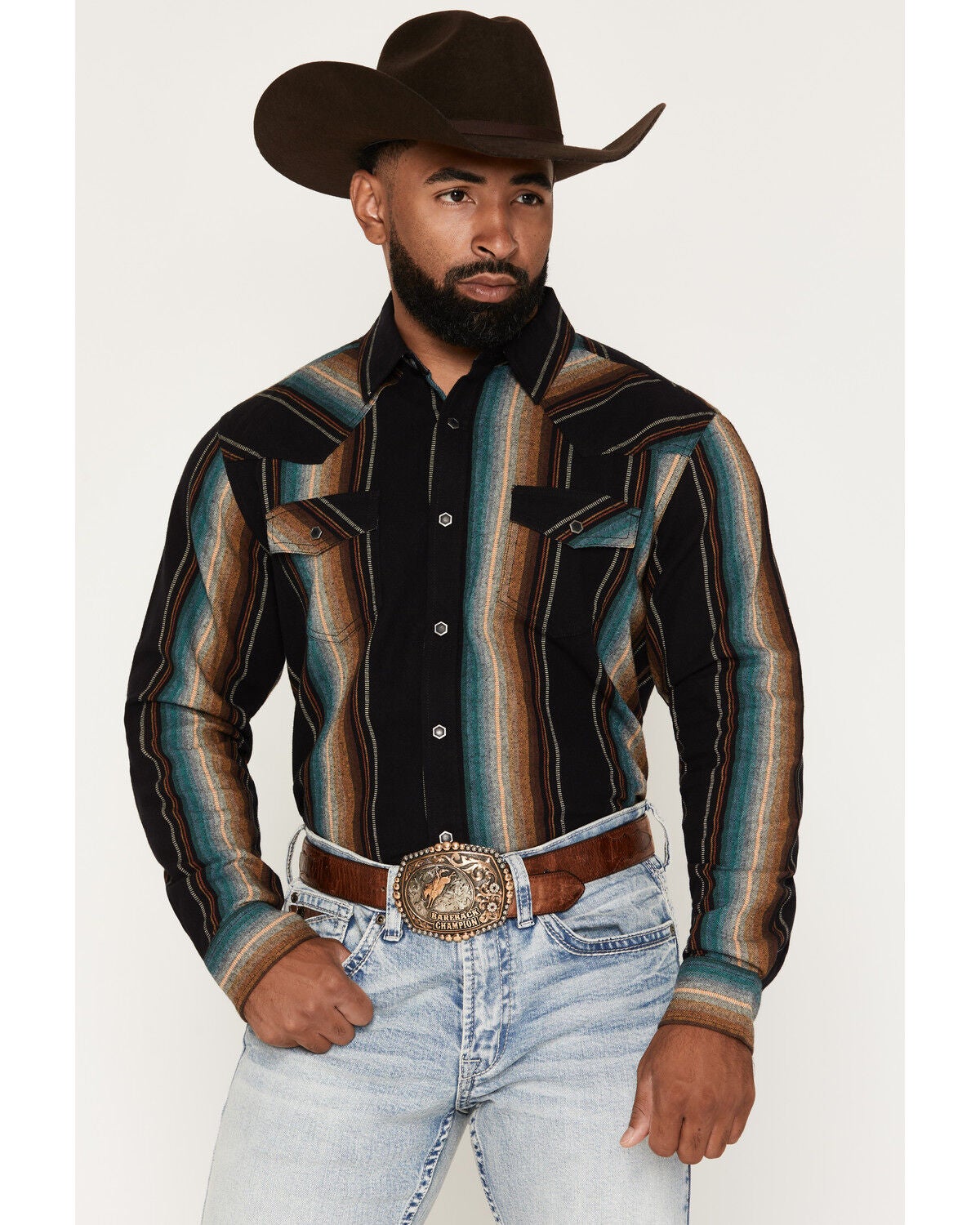 Image #1 - Cody James Men's Yelapa Stripe Print Long Sleeve Snap Flannel Shirt, Black, hi-res