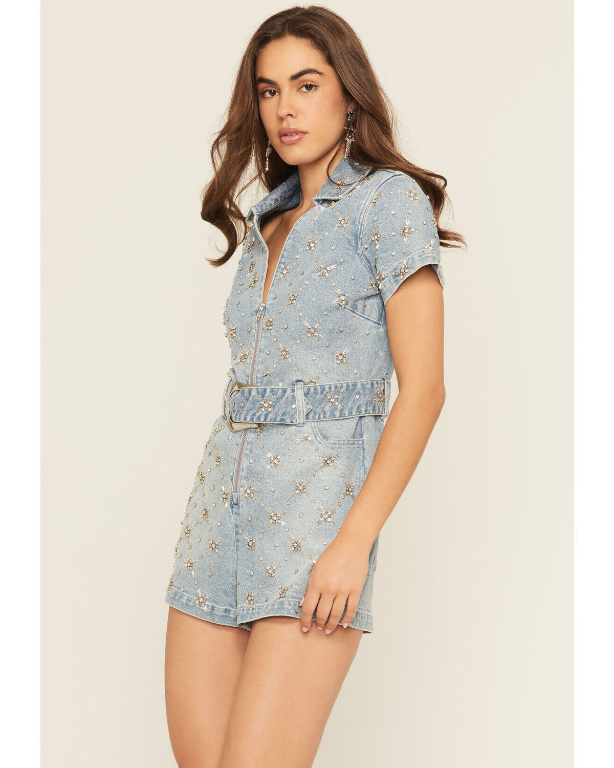 Image #2 - Show Me Your Mumu Women's Medium Wash Dolly Embellished Short Sleeve Denim Romper, Medium Wash, hi-res
