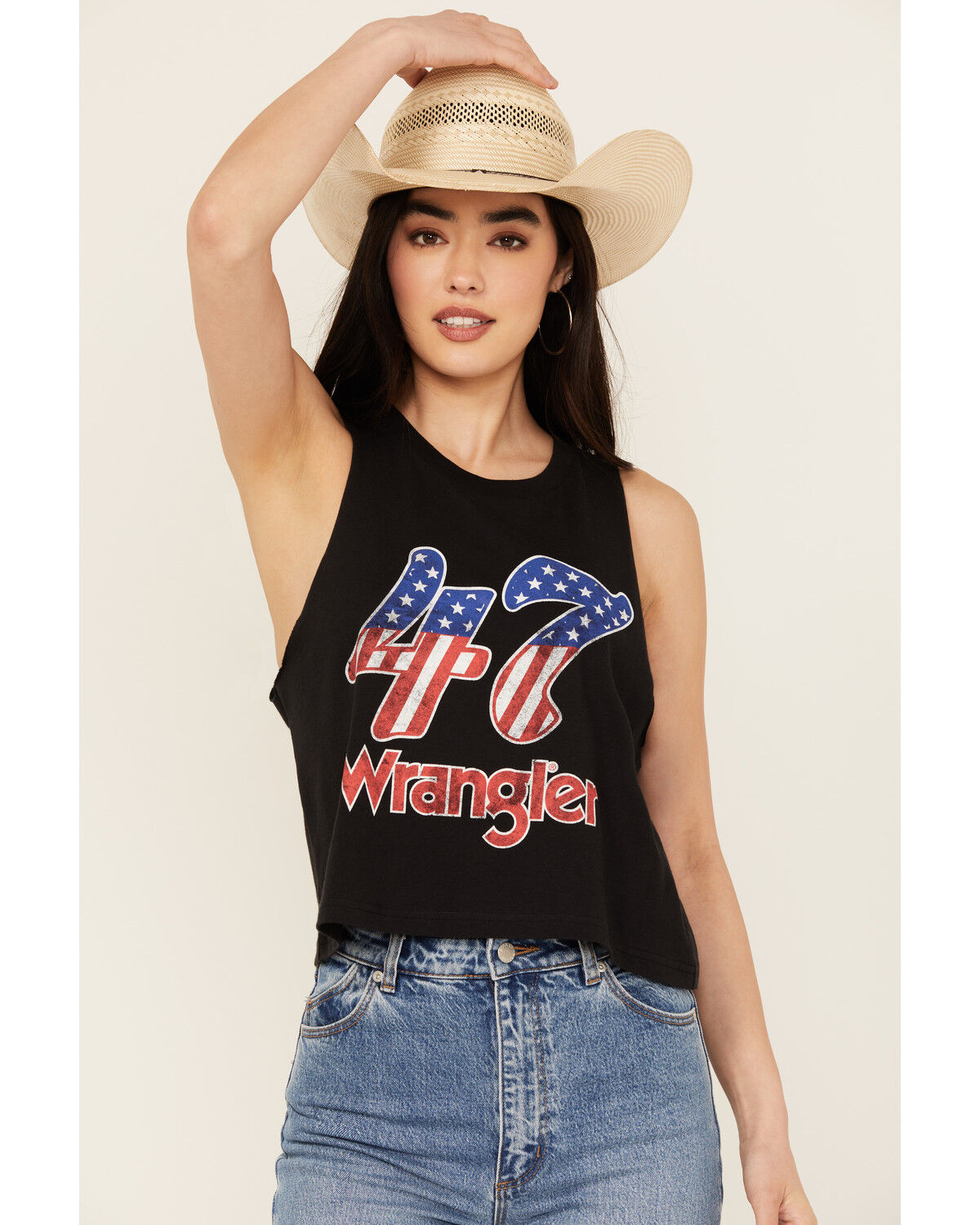 Image #1 - Wrangler Women's 47 Americana Festival Cropped Graphic Tank, Black, hi-res