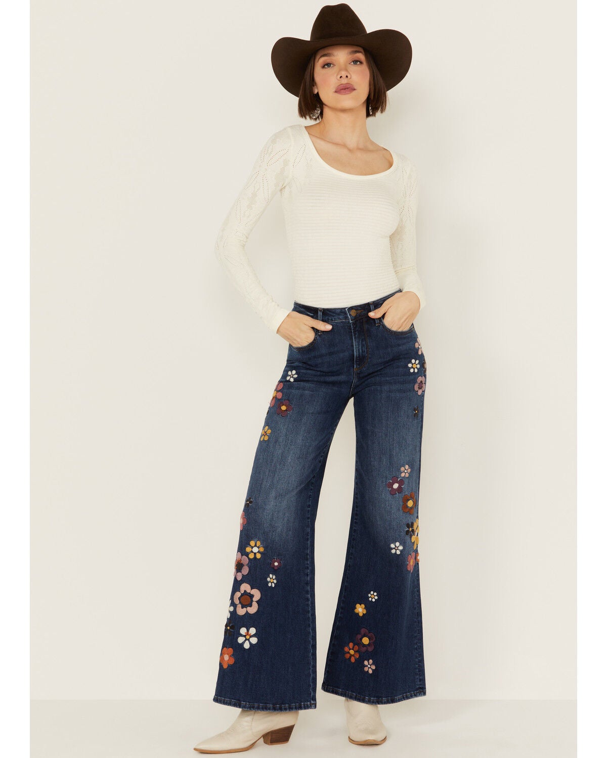 Driftwood Women's Mona X Boogie Nights Dark Wash High Rise Floral Embroidered Flare Stretch Denim Jeans, Medium Wash, hi-res