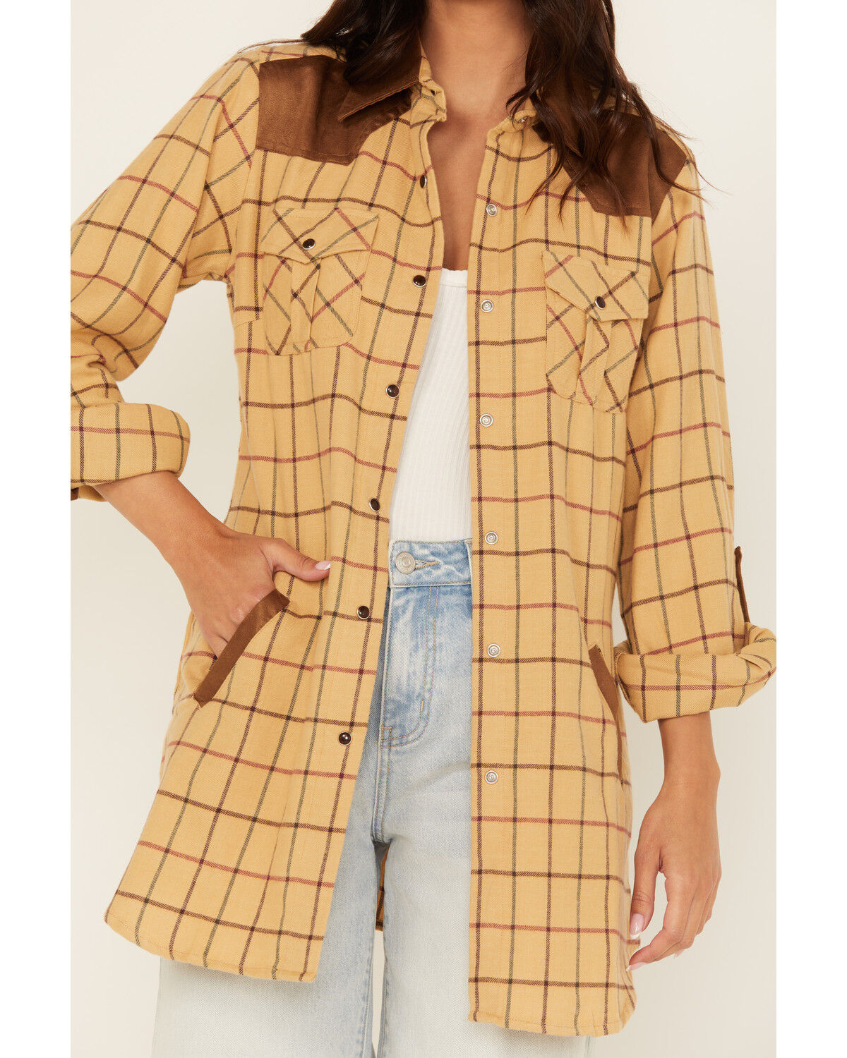 Image #3 - Tasha Polizza Women's Plaid Print Long Sleeve Snap Western Shirt, Tan, hi-res