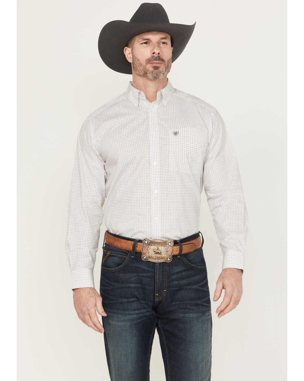 Image #1 - Ariat Men's Cesar Striped Geo Long Sleeve Button-Down Western Shirt, White, hi-res