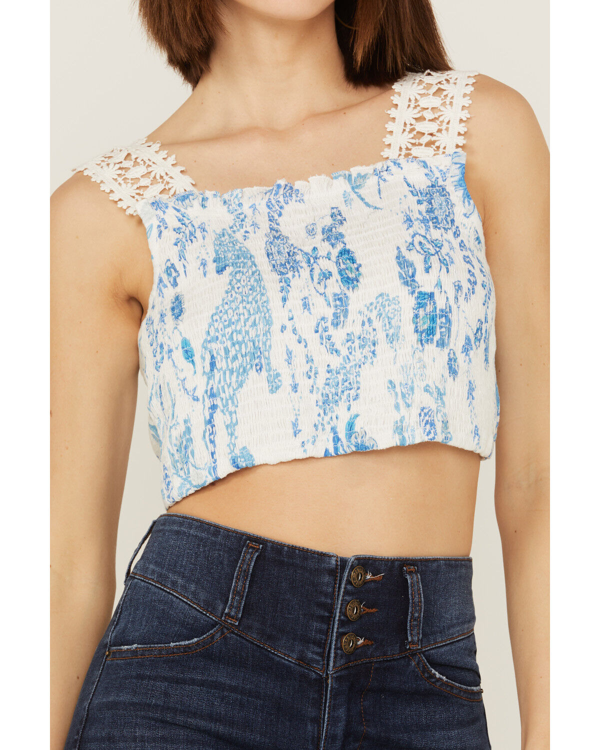Image #3 - Z&L Women's Delphi Print Smocked Tie Back Sleeveless Crop Top, White, hi-res