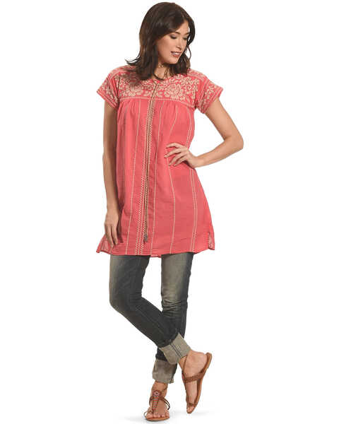 Johnny Was Women's Lenat Pleated Peasant Long Tunic, Coral, hi-res