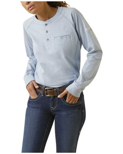 Ariat Women's FR Air Henley Long Sleeve Work Pocket Shirt , Blue, hi-res