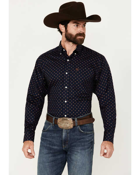 Ariat Men's Kaiser Diamond Print Long Sleeve Button-Down Western Shirt - Tall , Dark Blue, hi-res