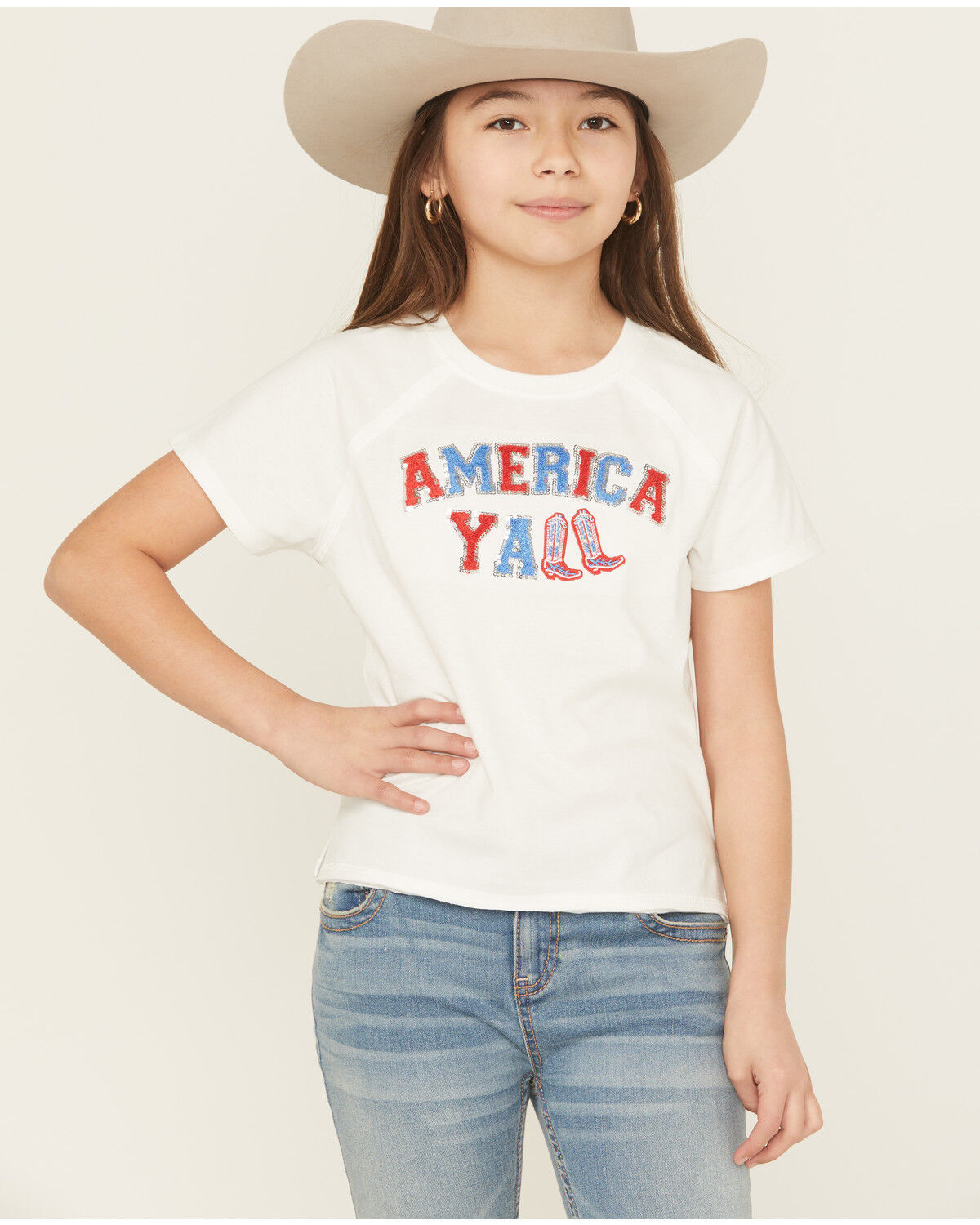 Image #1 - Blended Girls' America Y'all Sequin Short Sleeve Tee, White, hi-res