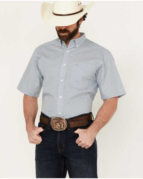 Ariat Men's Edgar Geo Print Short Sleeve Button-Down Western Shirt , Blue, hi-res