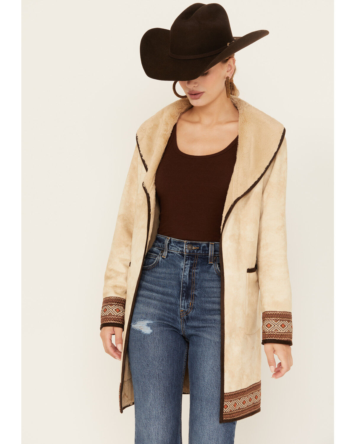 Image #1 - Tasha Polizzi Women's Raquel Faux Suede Border Print Jacket, Tan, hi-res
