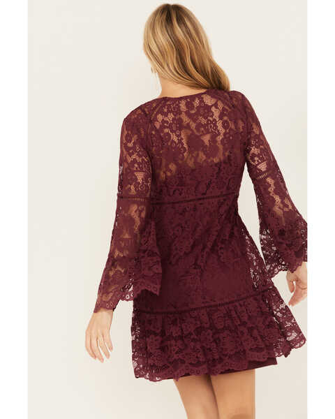 Image #4 - Scully Women's Lace Crochet Bell Sleeve Dress, Wine, hi-res