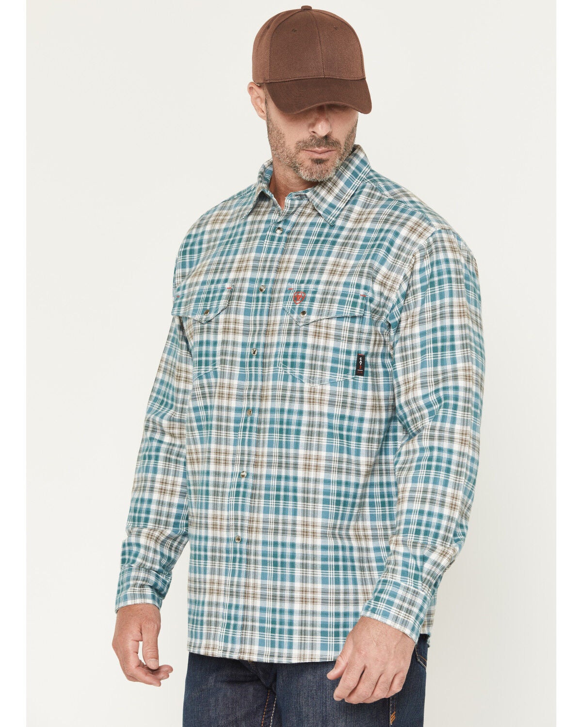 Image #2 - Ariat Men's FR Cobb Plaid Print Long Sleeve Snap Work Shirt, Teal, hi-res
