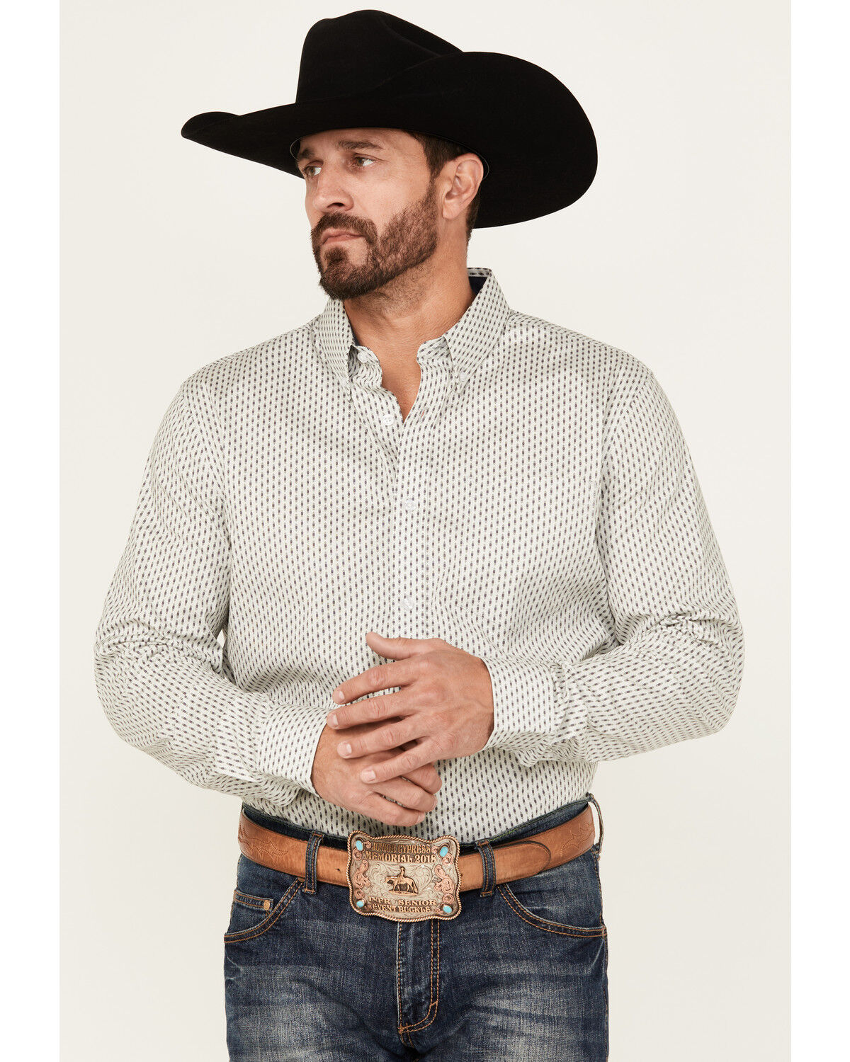 Image #1 - Cody James Men's Stirling Geo Print Long Sleeve Button-Down Stretch Western Shirt, White, hi-res