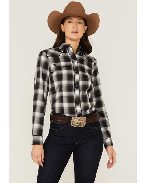 Roper Women's Plaid Print Long Sleeve Western Snap Shirt, Black, hi-res