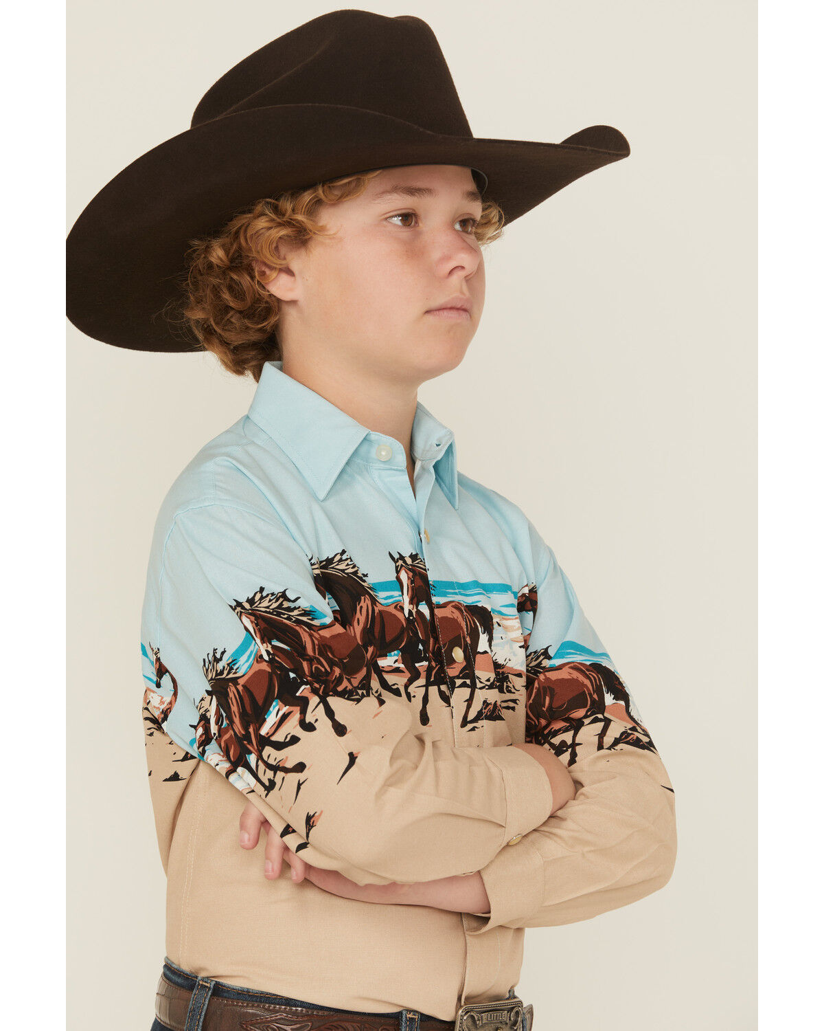 Image #2 - Panhandle Slim Boys' Horses And Beach Border Long Sleeve Snap Western Shirt, Tan, hi-res