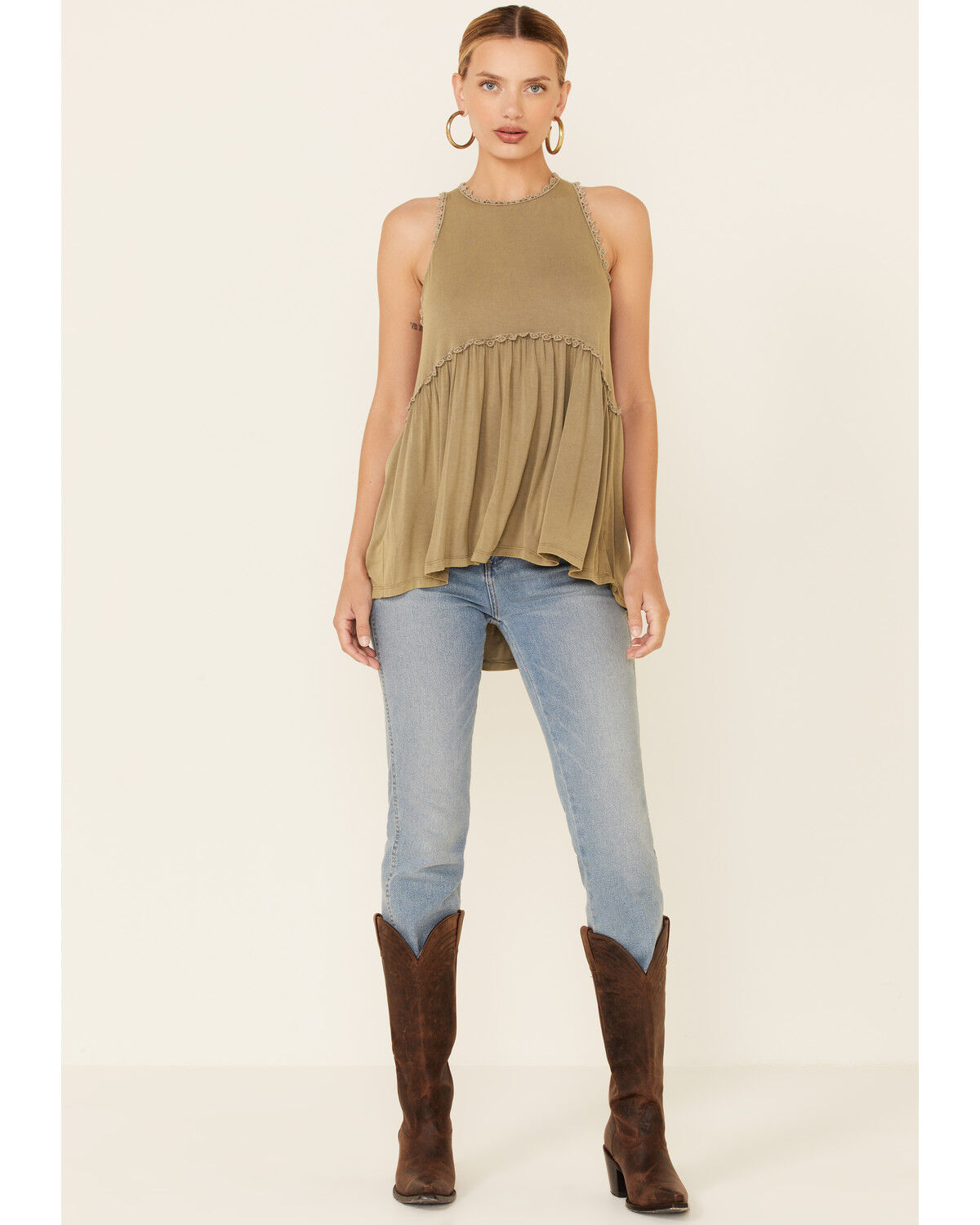 Image #1 - POL Women's High Neck Flowy Zip-Back Babydoll Tank Top , , hi-res