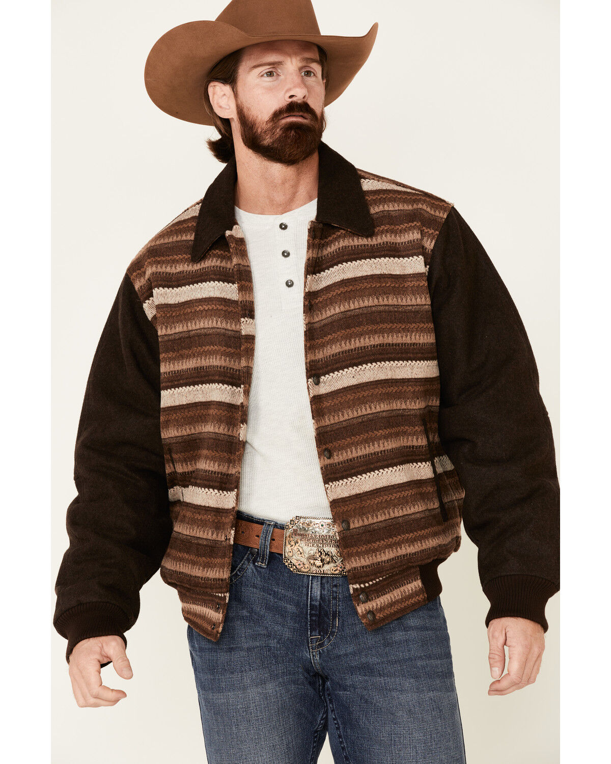 Image #2 - Cripple Creek Men's Brown Horizontal Pattern Snap Front Bomber Jacket, , hi-res