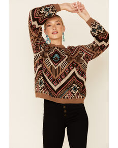 Rock & Roll Denim Women's Brown & Coral Aztec Print Pullover Sweater , Brown, hi-res