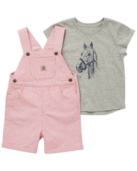 Carhartt Toddler Short Sleeve T-Shirt and Striped Overall Set, Medium Pink, hi-res