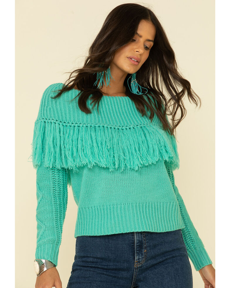 Rock & Roll Denim Women's Turquoise Off Shoulder Cable Knit Fringe Sweater , Turquoise, hi-res