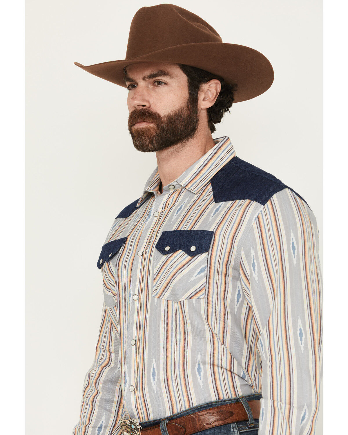 Image #2 - Panhandle Men's Southwestern Striped Long Sleeve Snap Western Shirt, Natural, hi-res