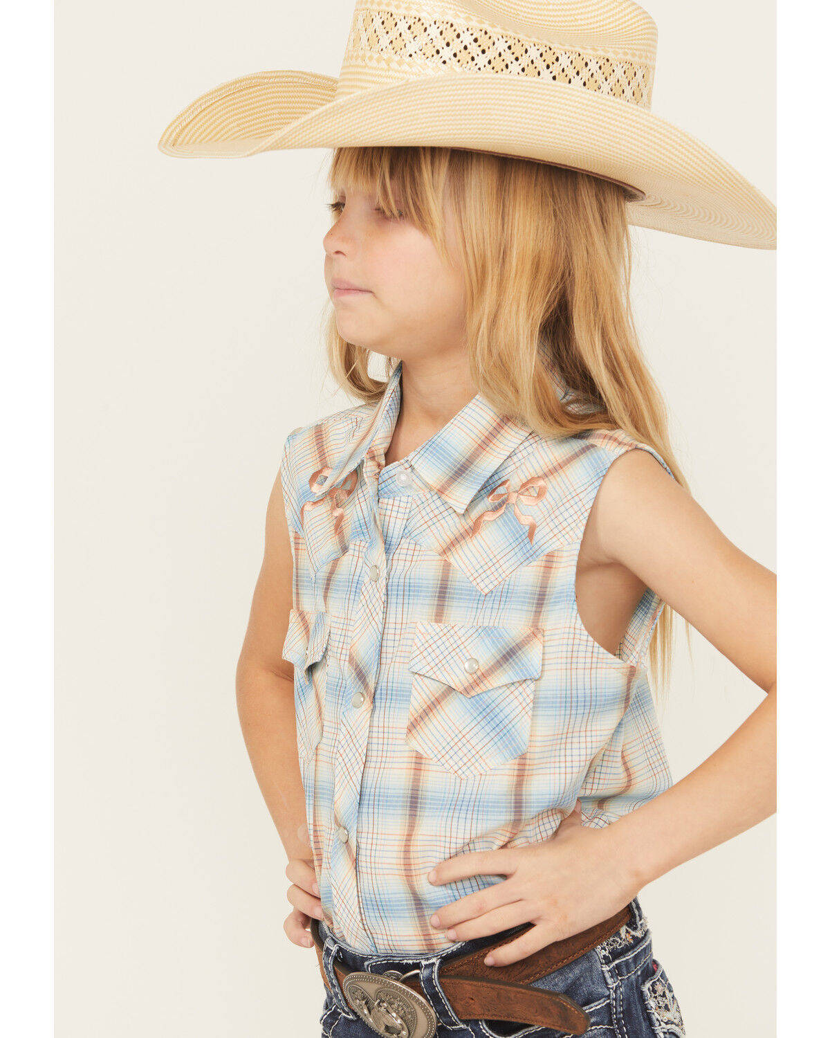 Image #2 - Ely Walker Girls' Plaid Print Sleeveless Snap Western Shirt, Blue, hi-res