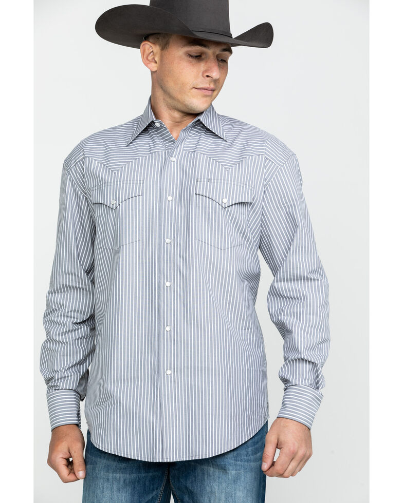Stetson Men's Grey Striped Two Pocket Long Sleeve Western Shirt, Grey, hi-res