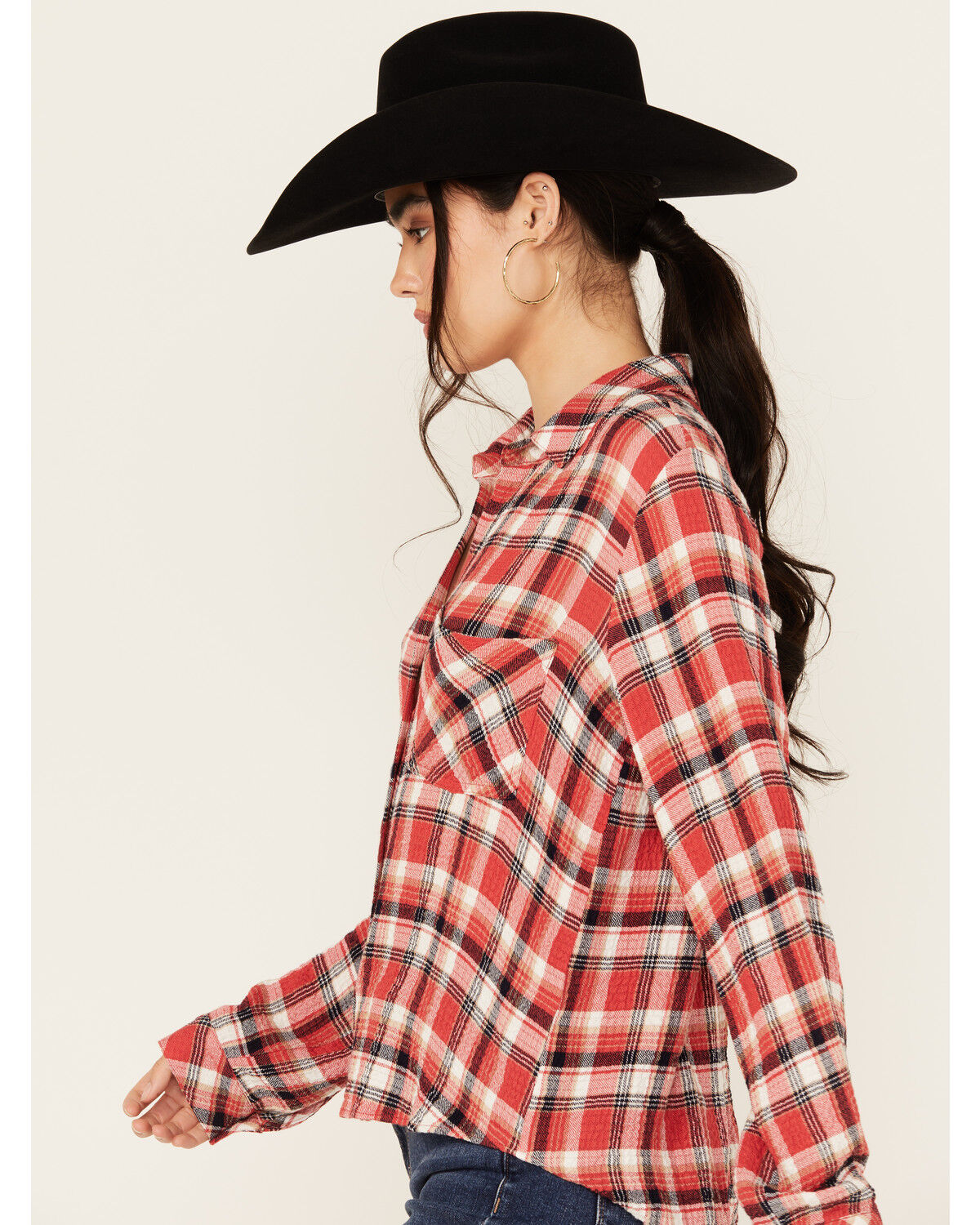Image #2 - Beyond The Radar Women's Plaid Print Long Sleeve Button-Down Western Shirt, Red, hi-res