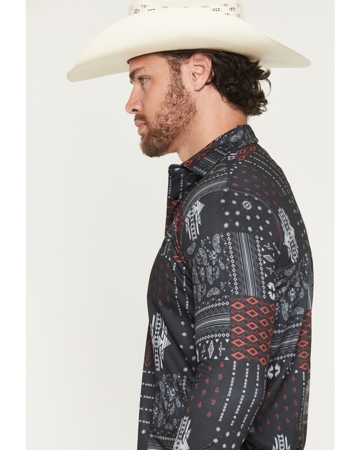 Image #2 - Cowboy Hardware Men's Southwestern Bandana Print Long Sleeve Snap Stretch Polo Shirt, Black, hi-res