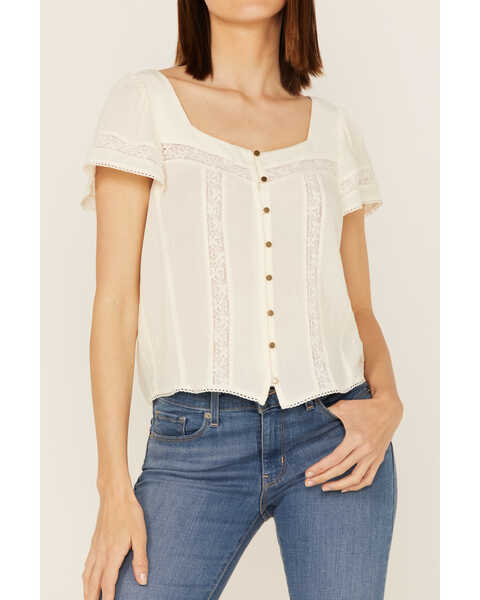 Image #4 - Jolt Women's Lace Trim Button-Down Shirt, Ivory, hi-res