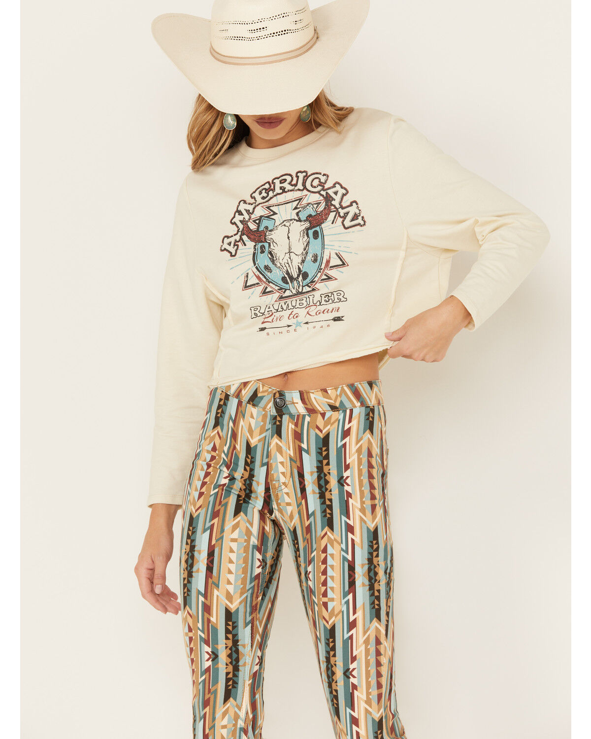 Image #1 - Rock & Roll Denim Women's American Rambler Graphic Long Sleeve Tee, Natural, hi-res