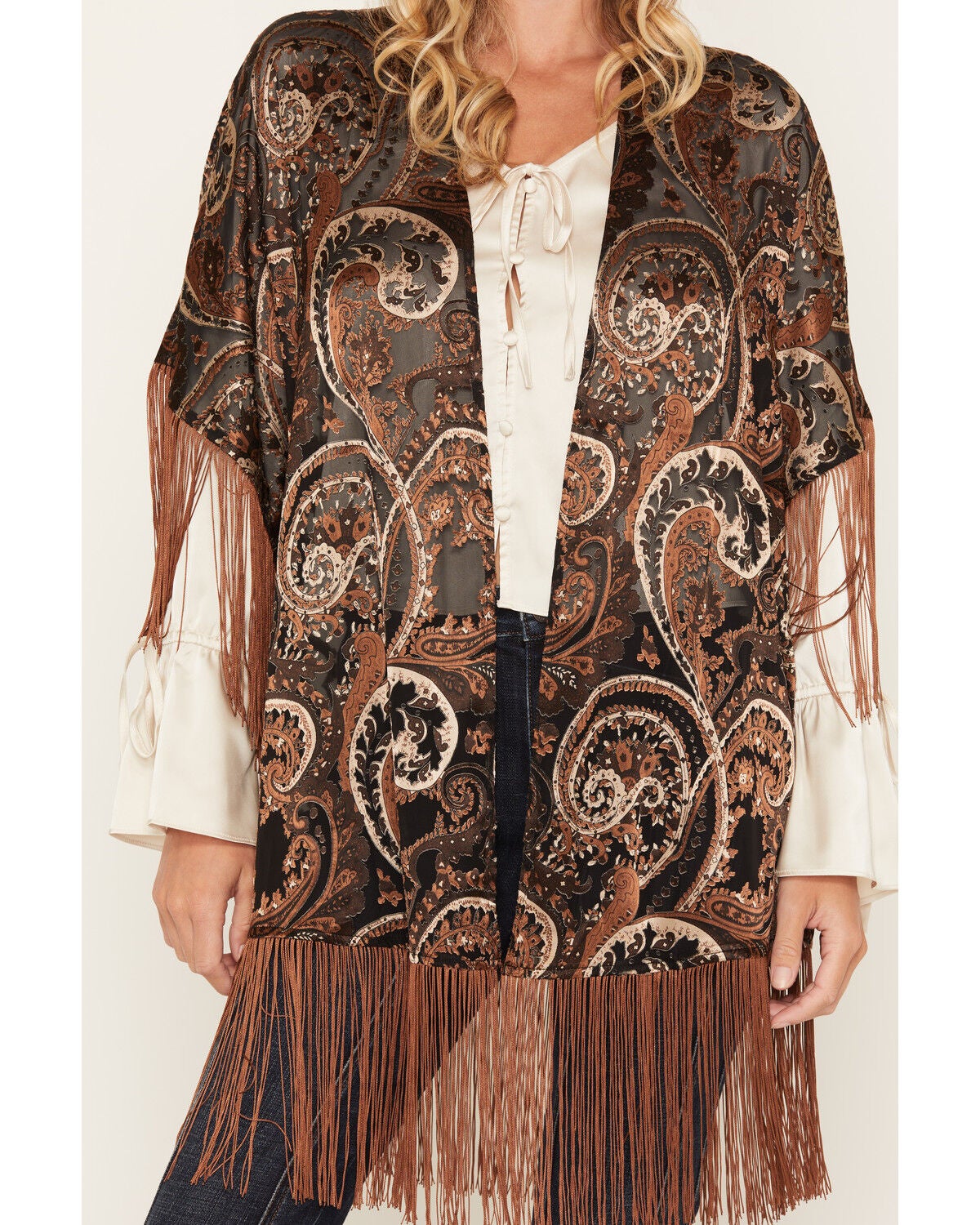 Image #3 - Shyanne Women's Nicks Burnout Paisley Print Fringe Kimono, , hi-res