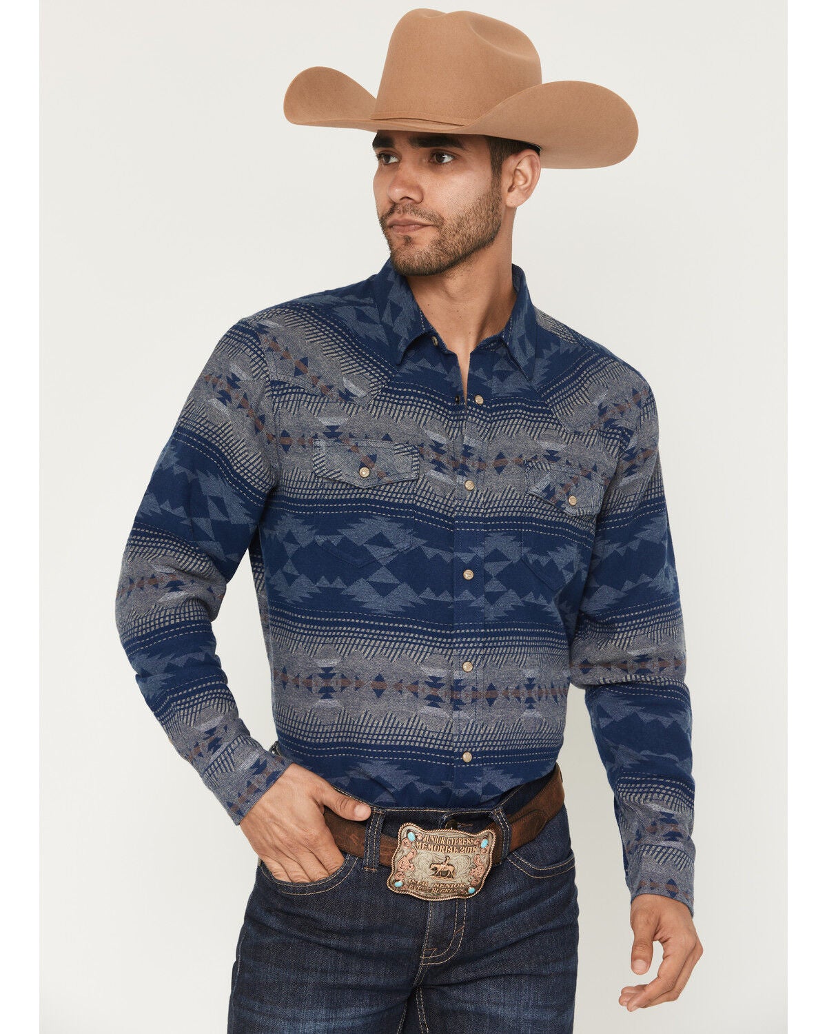 Cody James Men's Arrow Bear Southwestern Long Sleeve Snap Flannel Shirt, Blue, hi-res