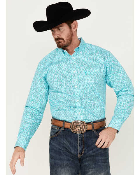 Ariat Men's Wrinkle Free Stanley Geo Print Classic Fit Long Sleeve Button-Down Western Shirt - Tall , Turquoise, hi-res
