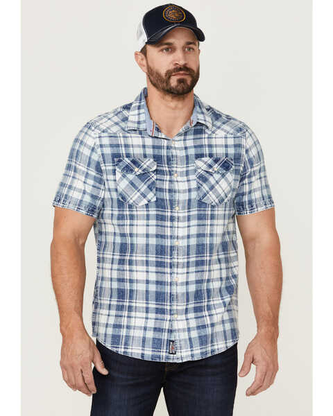 Flag & Anthem Men's Bartlett Vintage Plaid Short Sleeve Snap Western Shirt , Indigo, hi-res