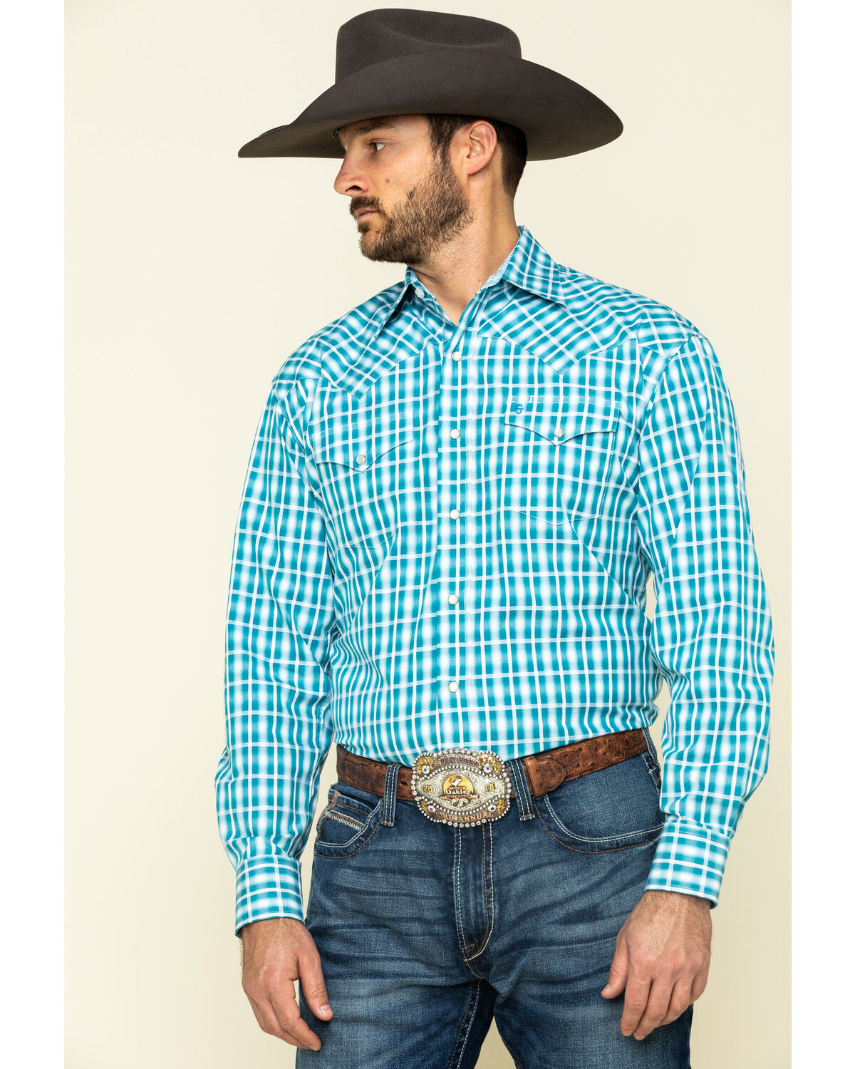 Image #1 - Stetson Men's Cross Walk Ombre Plaid Long Sleeve Western Shirt, Turquoise, hi-res