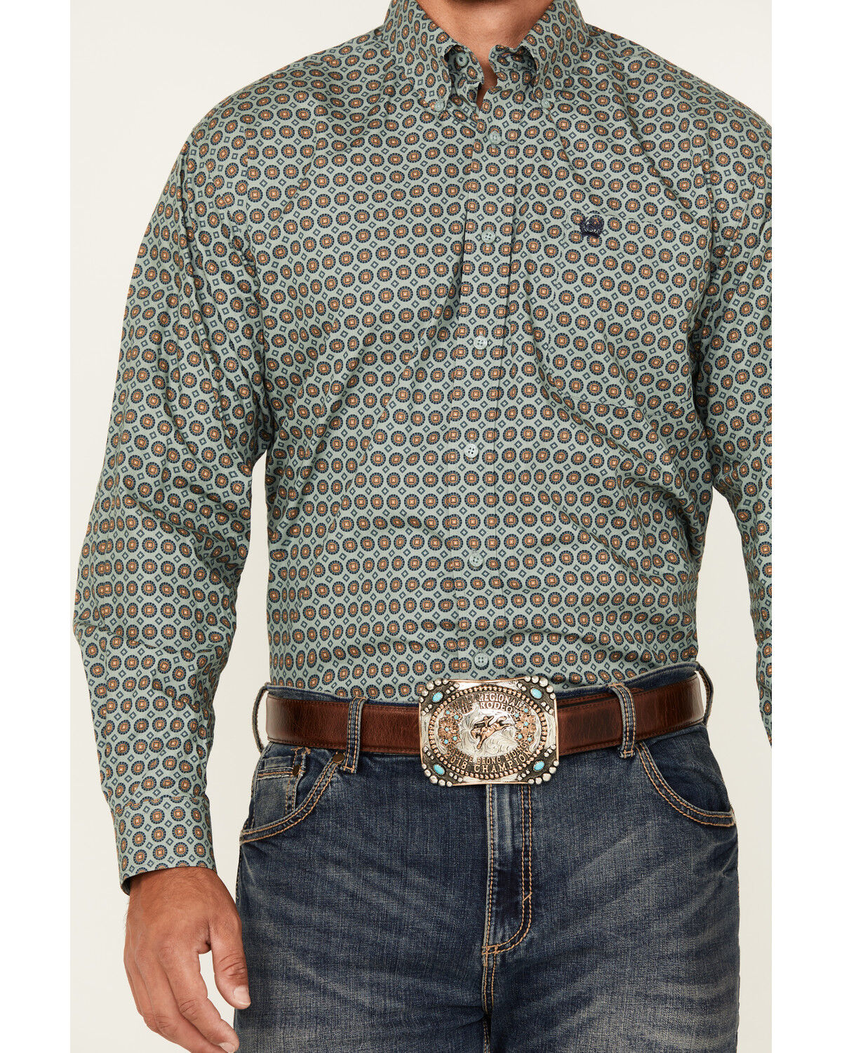 Image #3 - Cinch Men's Circle Geo Print Long Sleeve Button-Down Western Shirt, Teal, hi-res
