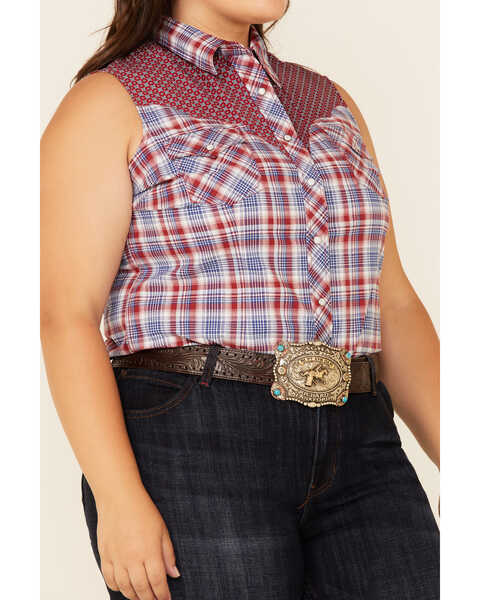 Image #3 - Rough Stock By Panhandle Women's Plaid Contrast Yoke Sleeveless Snap Western Core Shirt - Plus, Red/white/blue, hi-res