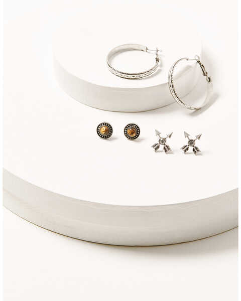 Image #1 - Shyanne Women's 3-piece Silver Concho & Arrow Hoop Earrings Set, Silver, hi-res