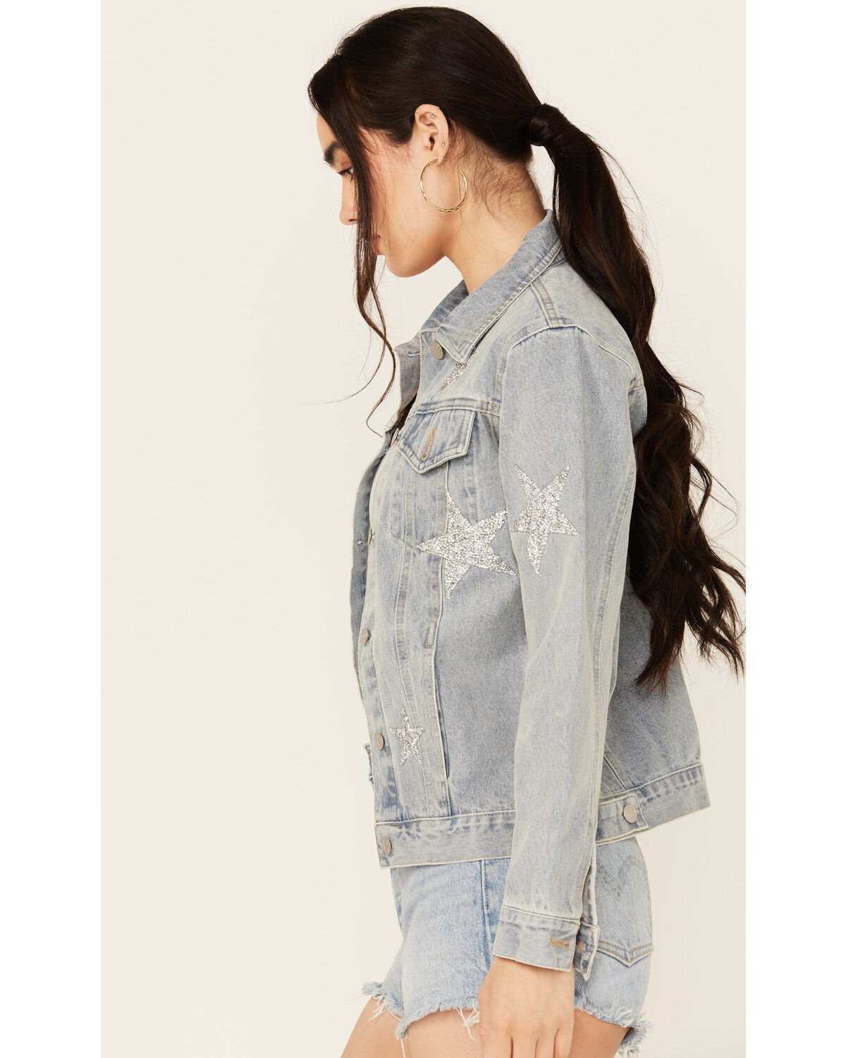 Image #2 - Blue B Women's Light Wash Embellished Star Button-Down Denim Jacket, Light Wash, hi-res