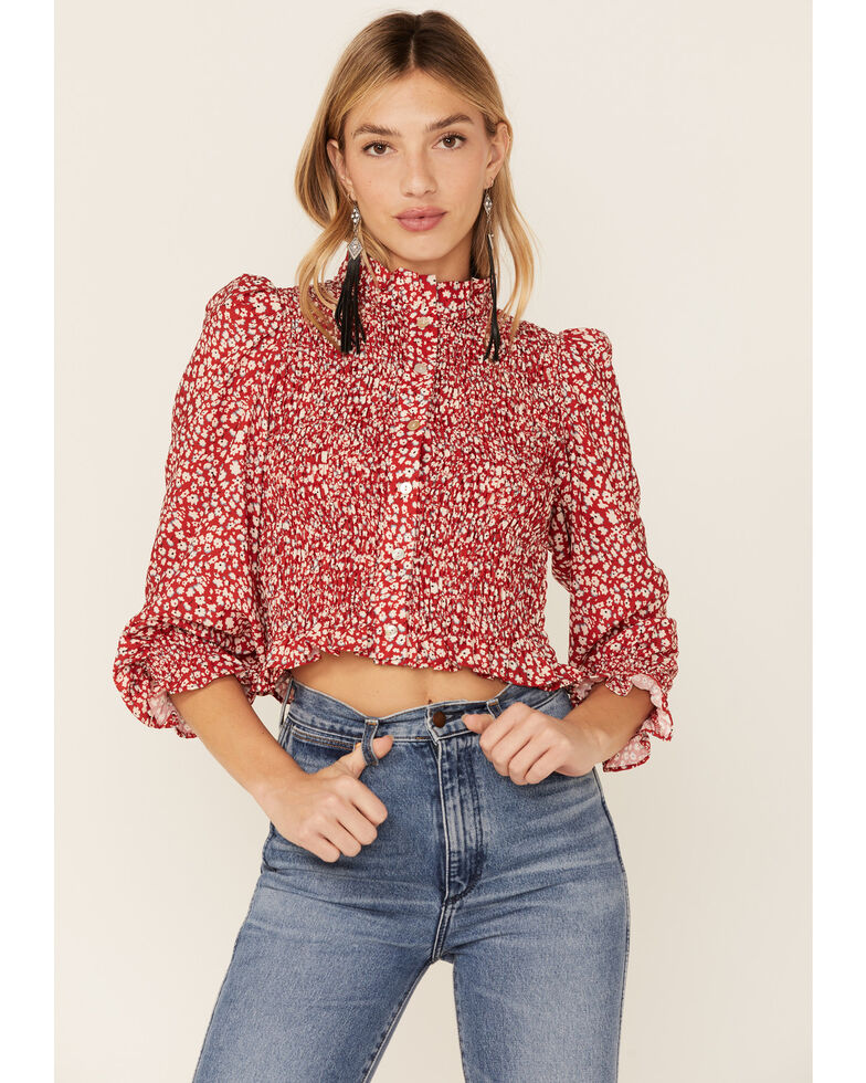 Beyond The Radar Women's Red Ditsy Smocked Button Down Blouse, Red, hi-res