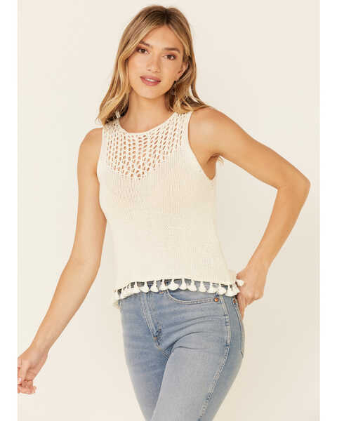 Very J Women's Open Weave Front Sweater-Knit Tank Top, Ivory, hi-res