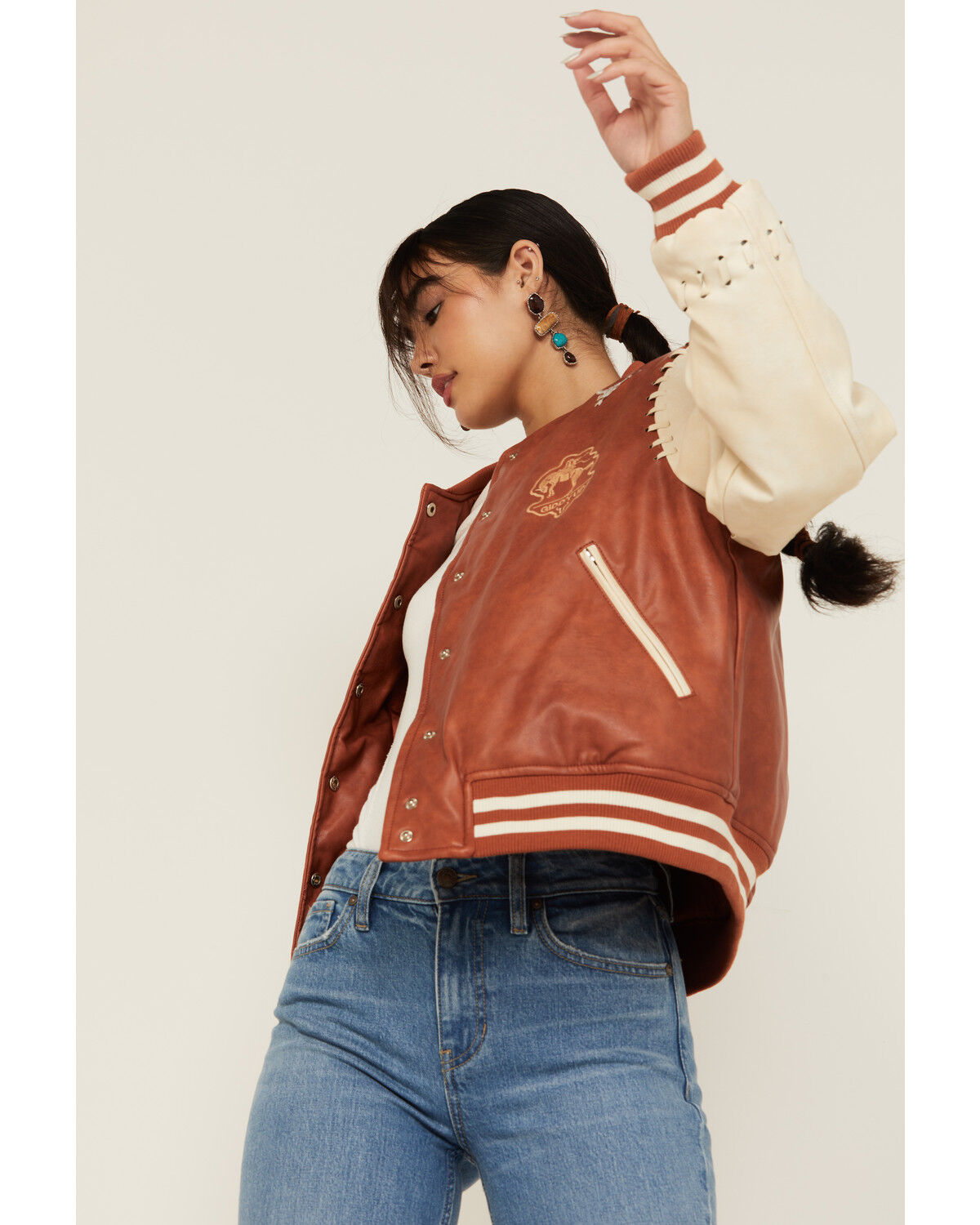 Image #1 - Blue B Women's Varsity Jacket, Brown, hi-res