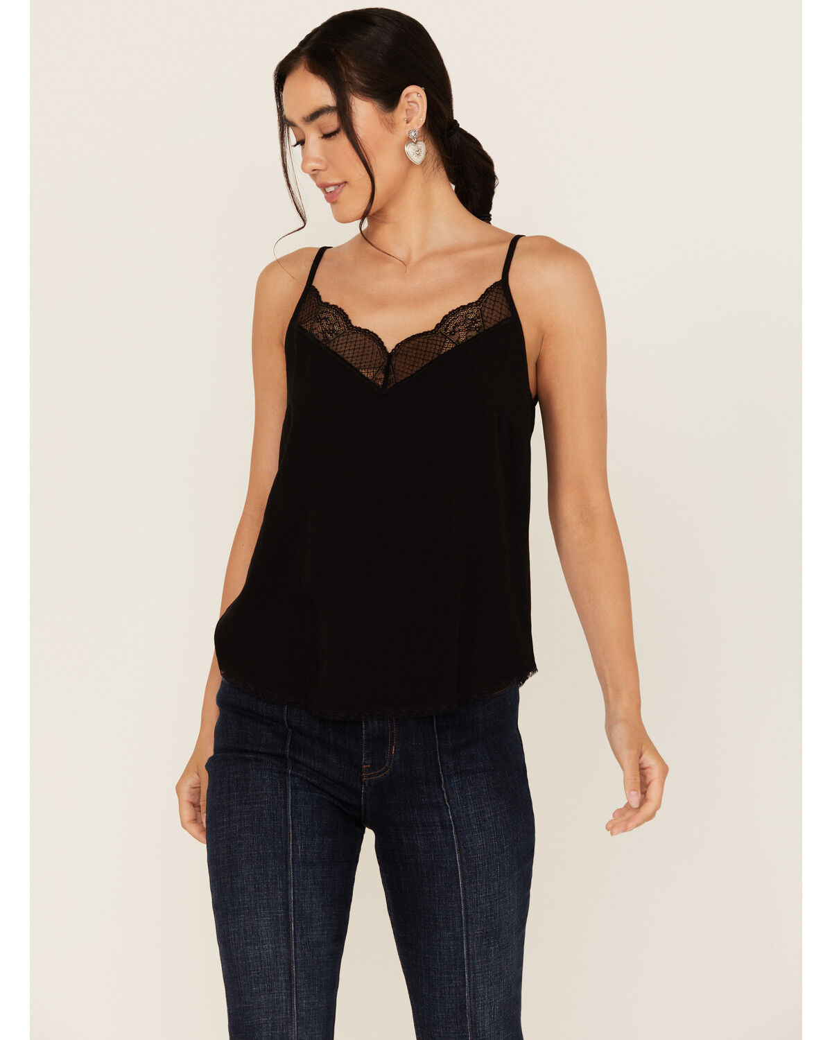 Image #1 - Idyllwind Women's Randa Solid Lace Trim Cami Tank, Black, hi-res