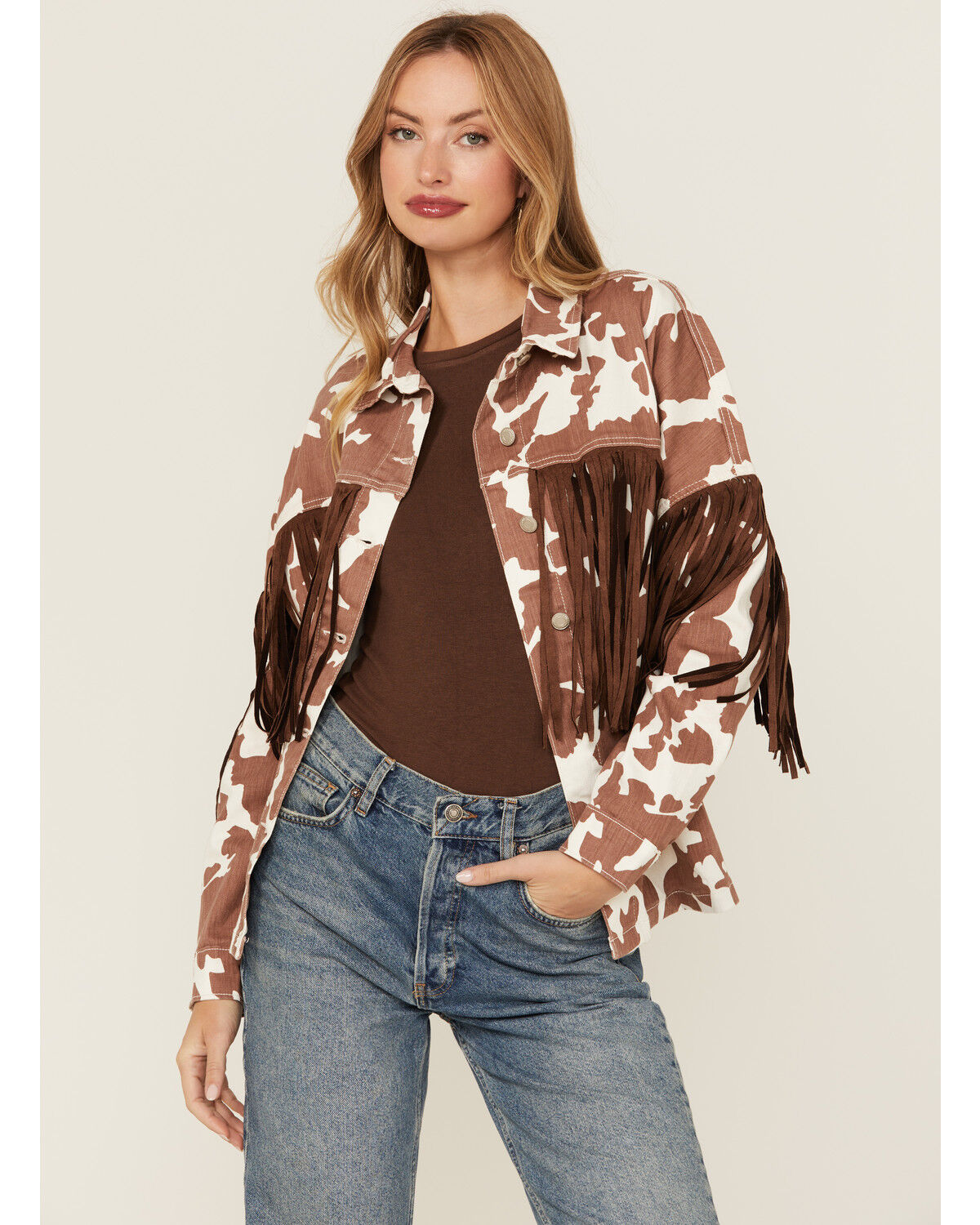 Image #2 - Saints & Hearts Women's Cow Print Tassel Jacket, Brown, hi-res