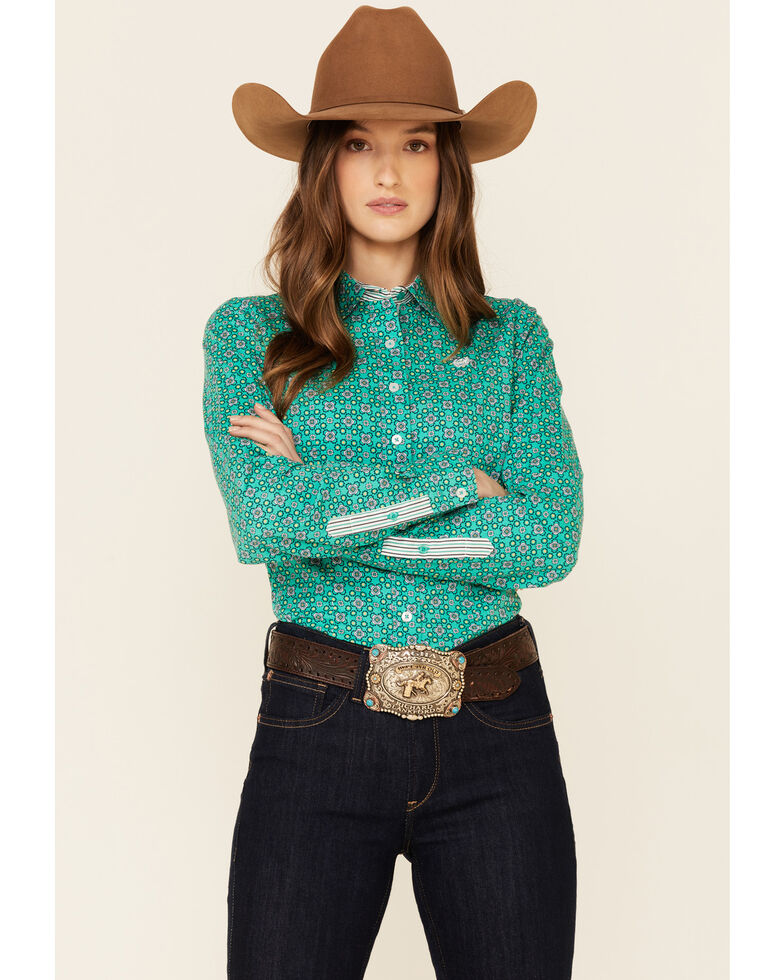 Cinch Women's Green Geo Print Long Sleeve Button-Down Western Core Shirt , Green, hi-res