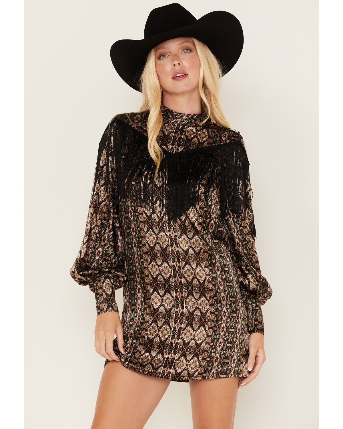Image #1 - Shyanne Women's Long Sleeve Satin Fringe Mode Mini Dress, Black, hi-res